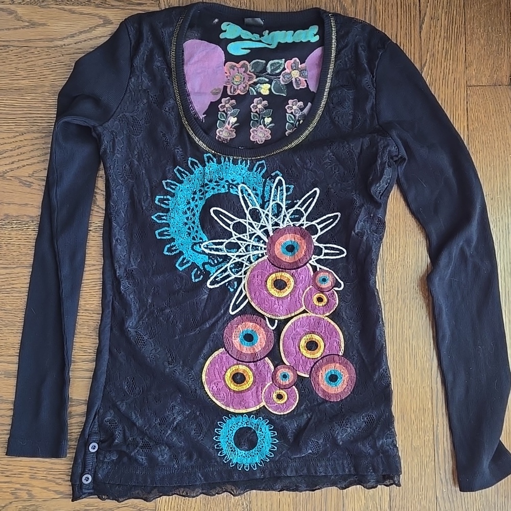 Desigual Black Lace Embroidered Top Long Sleeve Boho Artistic Size M - Picture 2 of 13